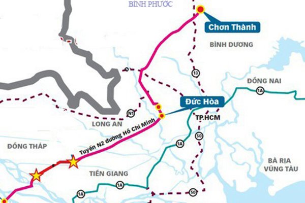 Tuyến Quốc lộ N2 đi trùng với đường Hồ Chí Minh (cao tốc Bắc - Nam phía Tây)