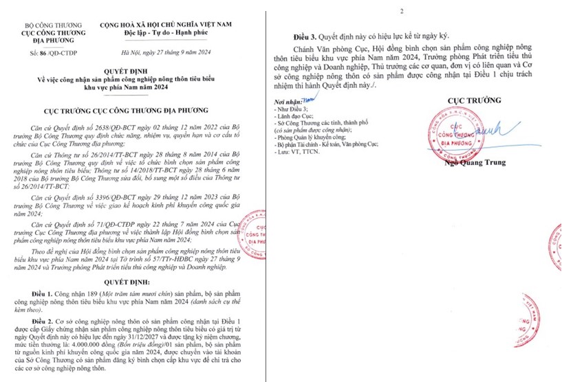 CỤC CÔNG THƯƠNG ĐỊA PHƯƠNG: Lễ công bố, tôn vinh, trao giấy chứng nhận sản phẩm công nghiệp nông thôn tiêu biểu khu vực phía Nam…