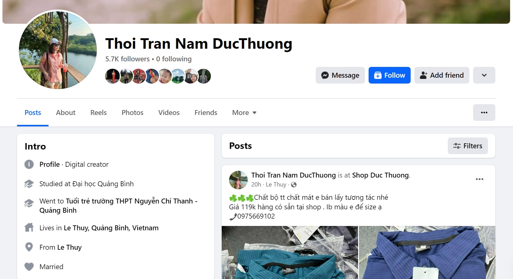 Hình ảnh trang Facebook “Thoi Tran Nam Duc Thuong” có buôn bán hàng hóa có dấu hiệu giả mạo nhãn hiệu