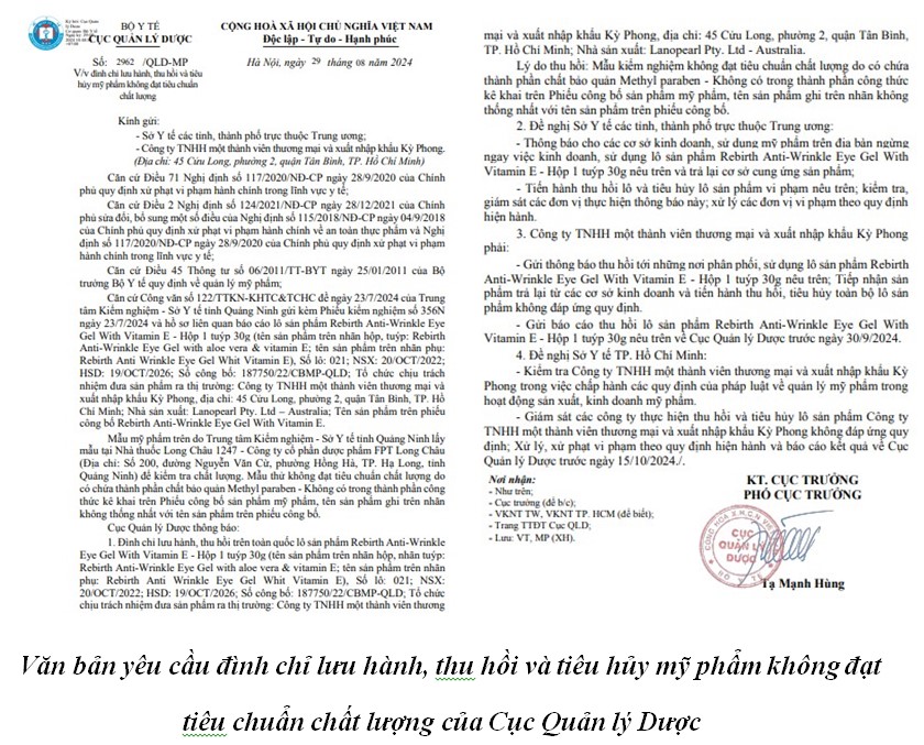 Văn bản yêu cầu đình chỉ lưu hành, thu hồi và tiêu hủy mỹ phẩm không đạt                          tiêu chuẩn chất lượng của Cục Quản lý Dược